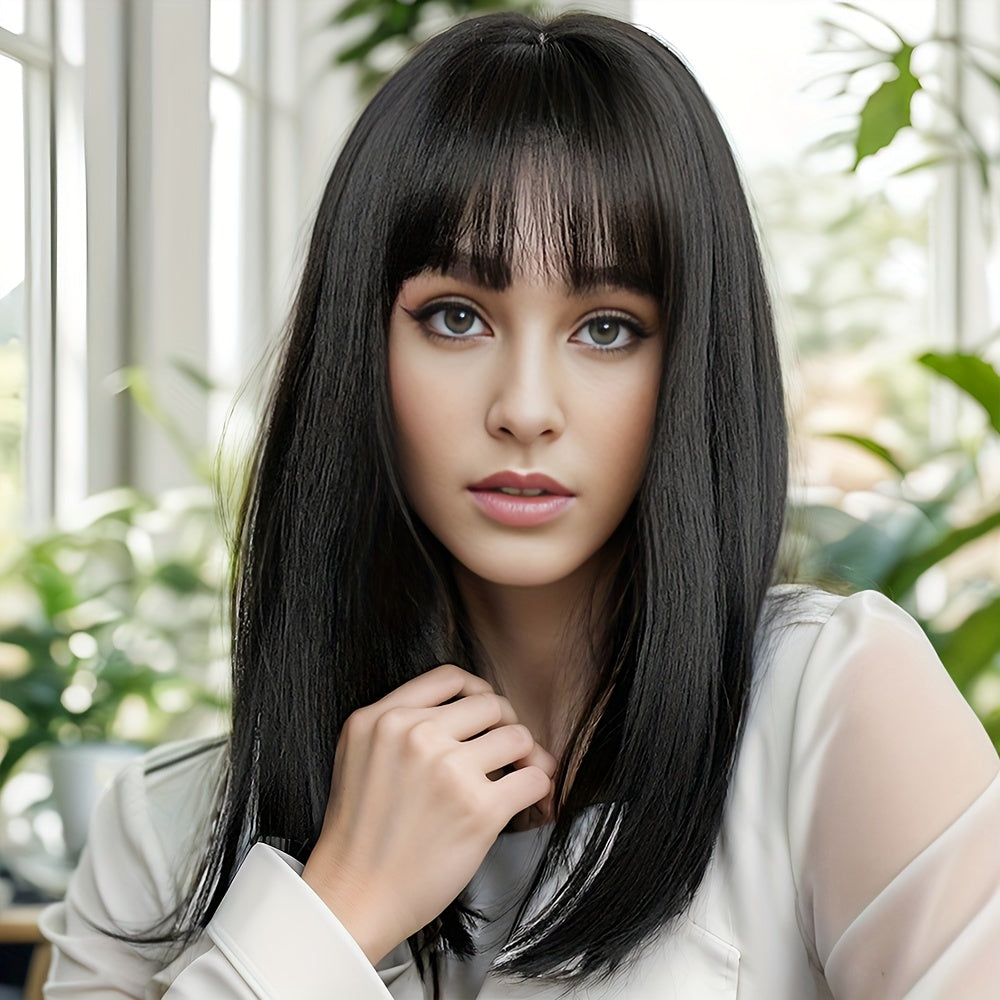 Natural Black Straight Synthetic Wig For Women With Bangs 18inch Cosplay Halloween Party Heat Resistant